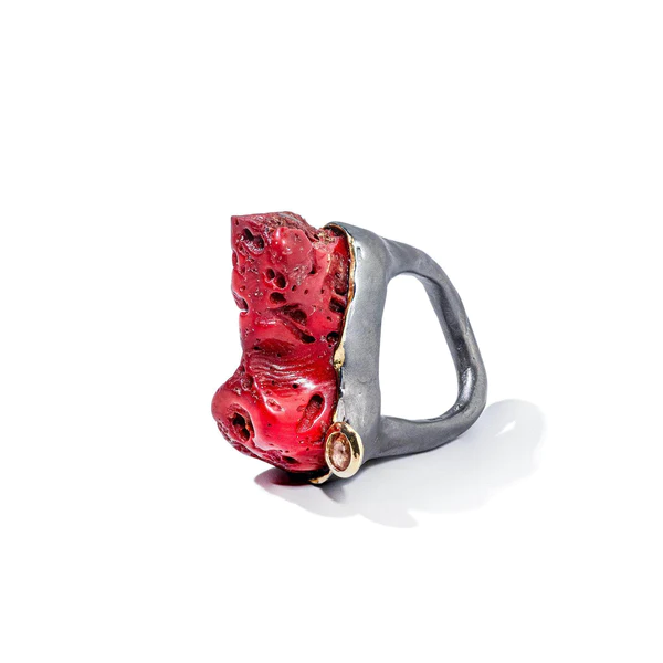 Silver ring with gold plated with coral and citrine insert “Coral Revelation”