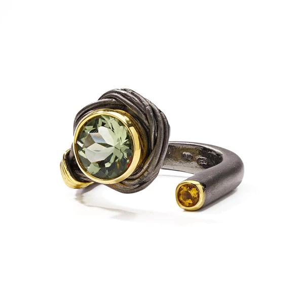 Enchanted Niello Silver Ring with Peridot and Citrine Accents