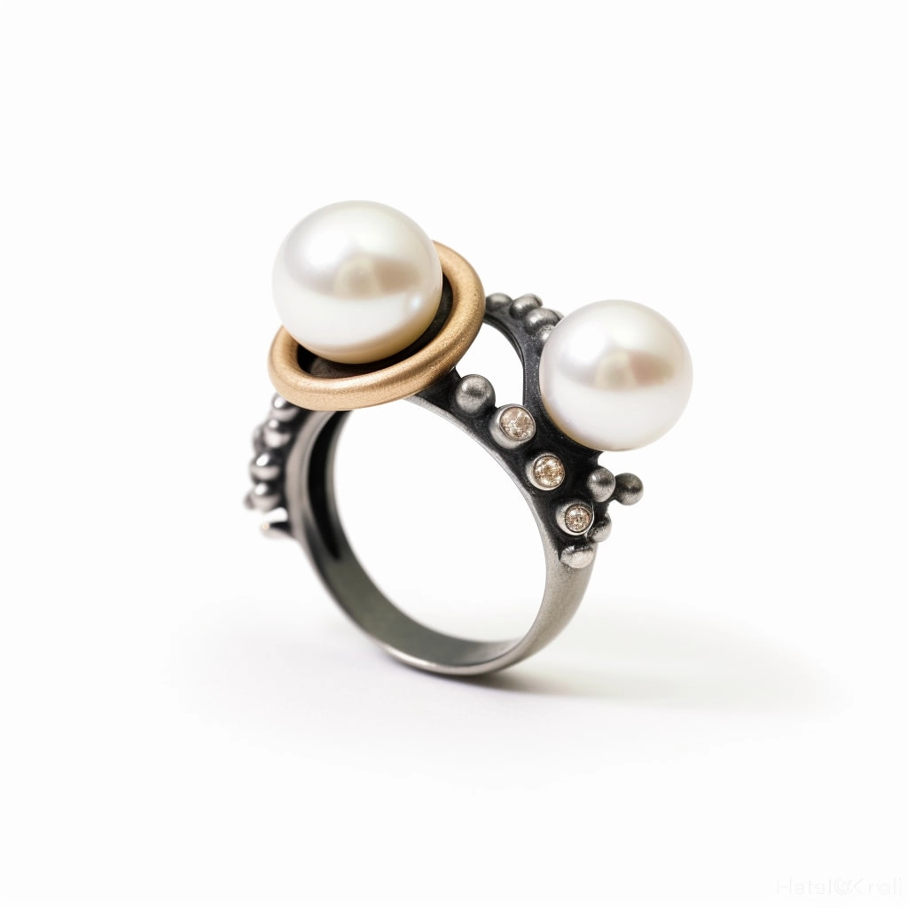 Blackened Silver Ring with Pearls, Zircons, and Gold Accents