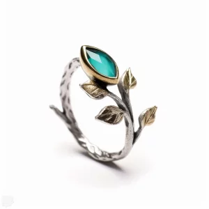 silver ring with gold leaves and a green chalcedony gemstone