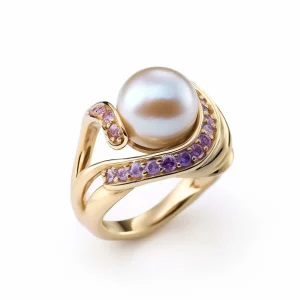 gold ring with pearl and amethyst accents