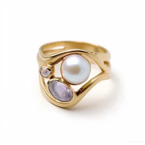 yellow gold ring with pearl and amethyst stones