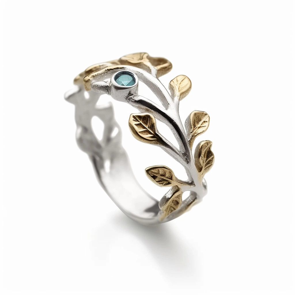 Silver Leaf Ring with Gold Details and Topaz