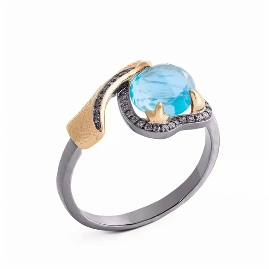 Blackened Silver Ring with Chalcedony, Zircons, and Gold Accents