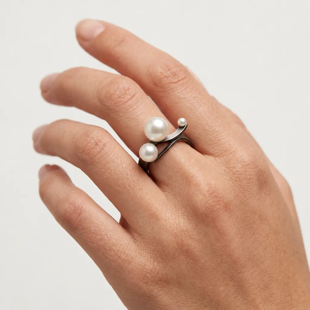 Linear Pearl Ring in sterling silver, worn on hand