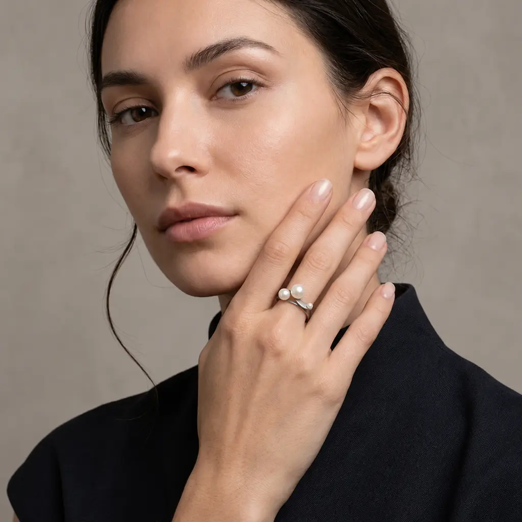 Linear Pearl Ring in sterling silver, worn on hand