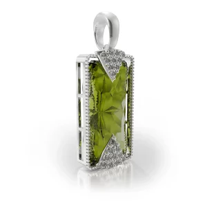 Silver Pendant with Zultanite and Zircon view 2, silver, rhodium plated, with zircon, zultanite, angled side.