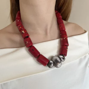Coral and Silver Tribal Necklace view 2, coral, silver, with coral, shown on person.