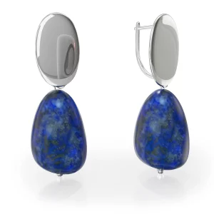 lapis lazuli rhodium silver earrings, front view