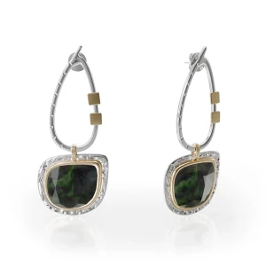 silver labradorite earrings with gold accents, front view