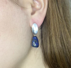 lapis lazuli rhodium silver earrings, on model