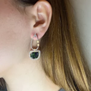 silver labradorite earrings with sculptural shape worn on model