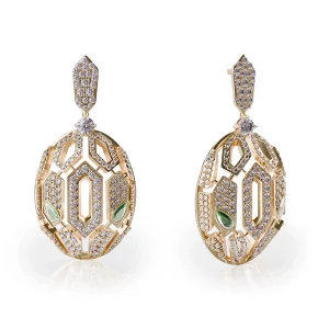 gold plated silver snake earrings with zircons and emerald eyes, front view