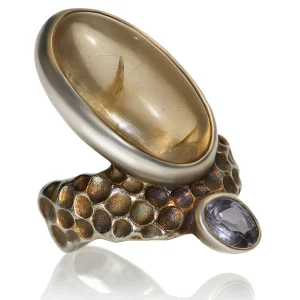 Silver rutilated quartz ring, front view