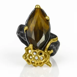 amber silver ring, front top view
