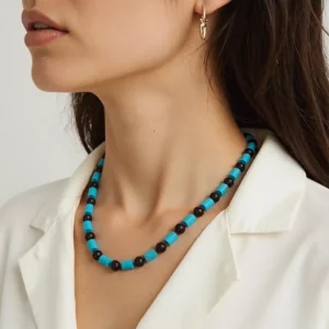 garnet and turquoise necklace, on model