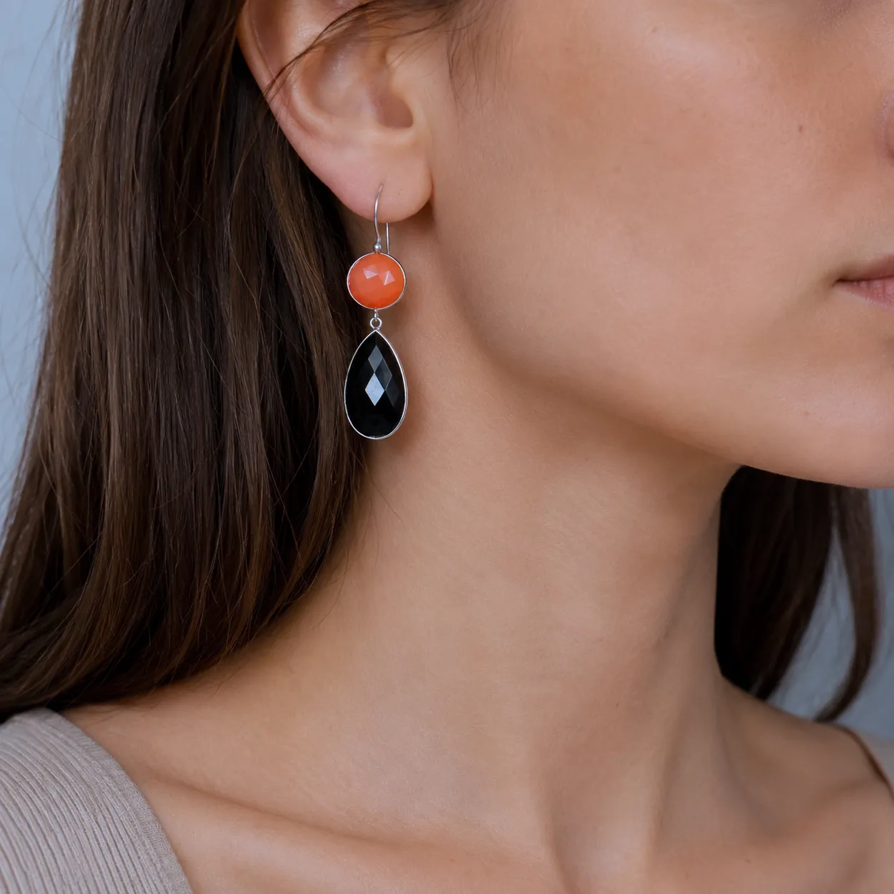 Carnelian and Onyx Drop Earrings in Silver, worn on model