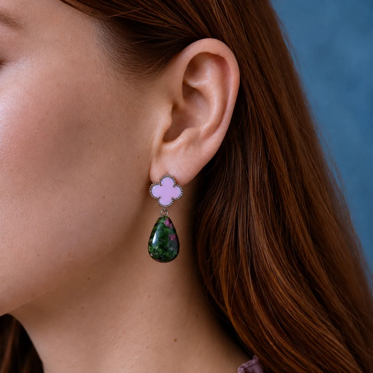 Ruby Zoisite Earrings in sterling silver, worn on model