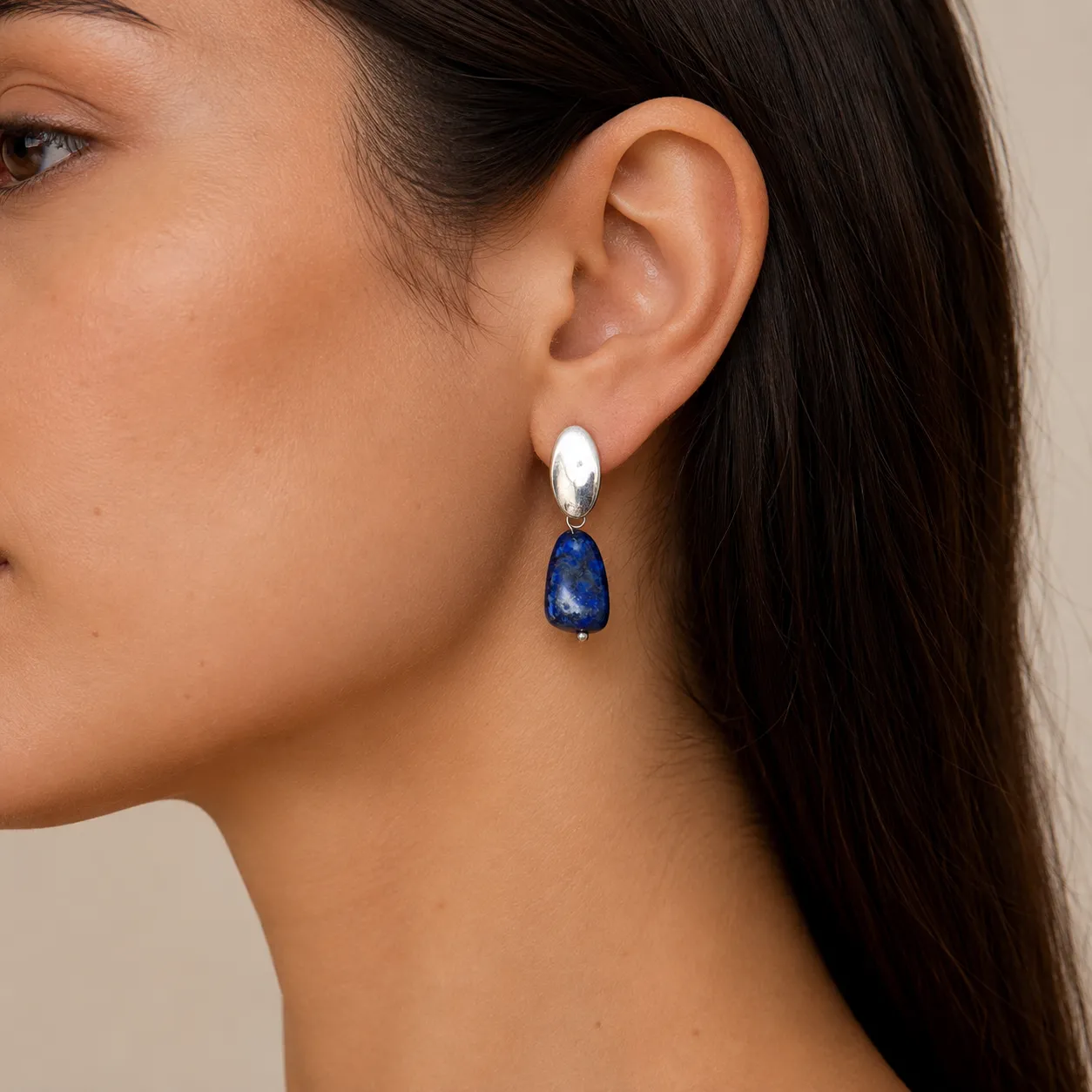 Lapis Lazuli Silver Earrings, worn on model, close-up view
