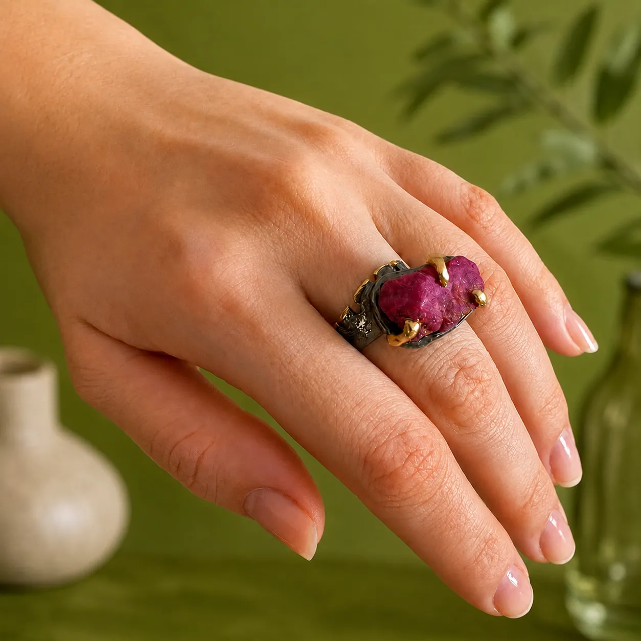 Raw Ruby Ring in gold-plated sterling silver, worn on hand