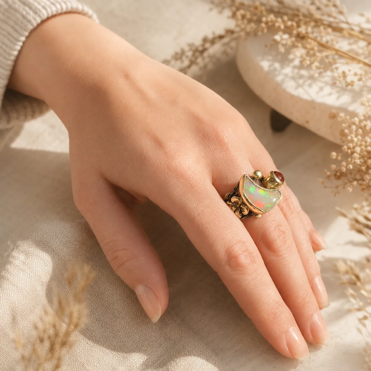 Opal Tourmaline Ring in gold-plated sterling silver, worn on hand