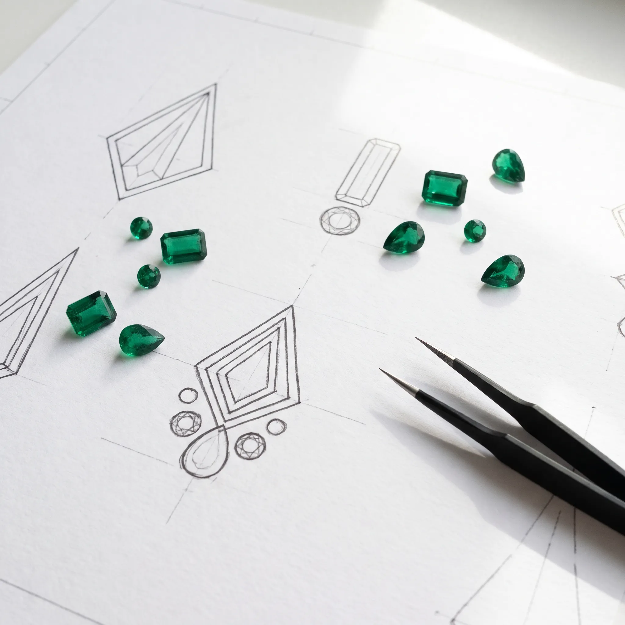 Jewelry sketches with green gemstones