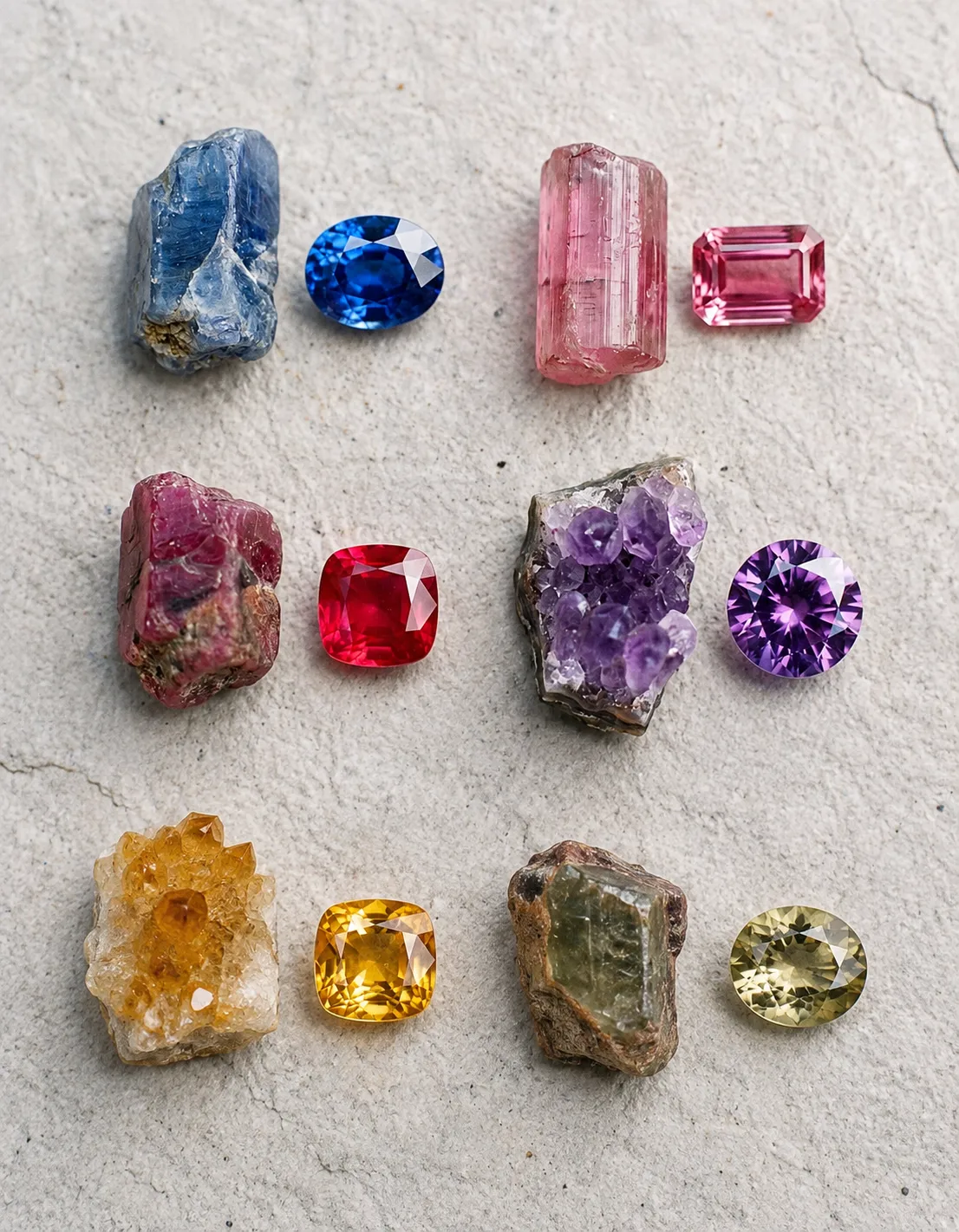 A varied selection of colorful rough and faceted stones