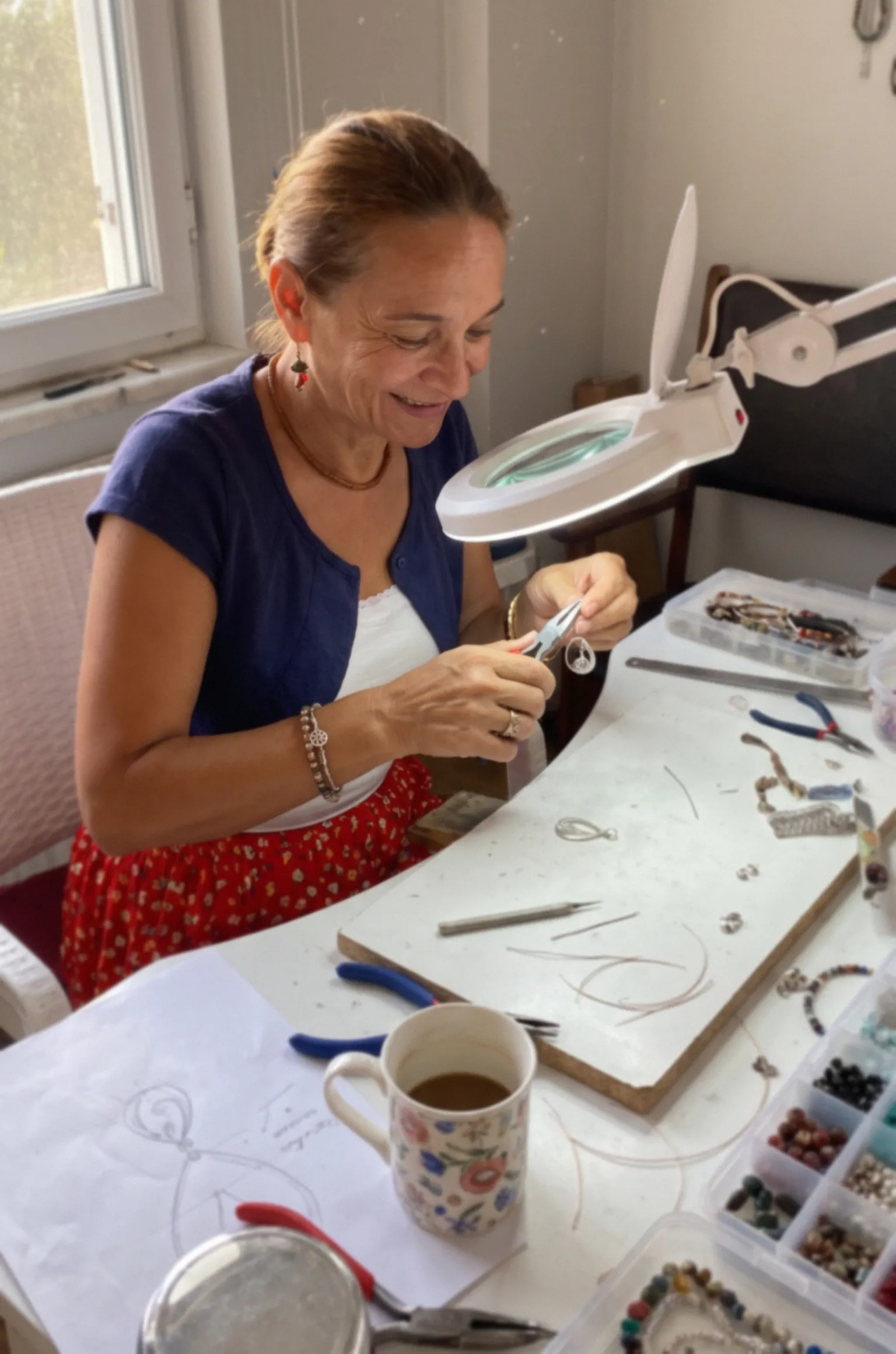 Nargiz working on jewelry at the bench in the Magic Stones workshop