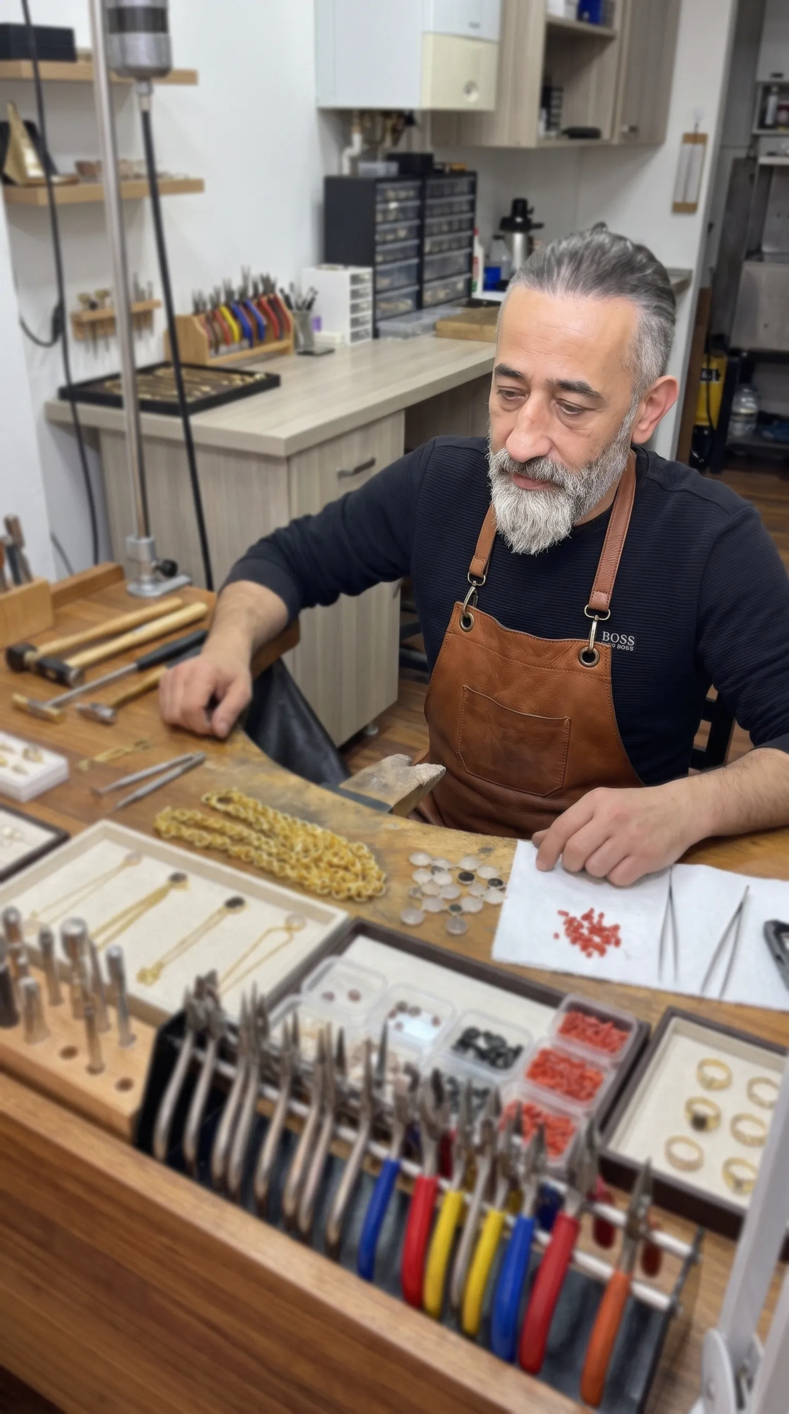 Serkan at the jewelry bench in the Magic Stones workshop