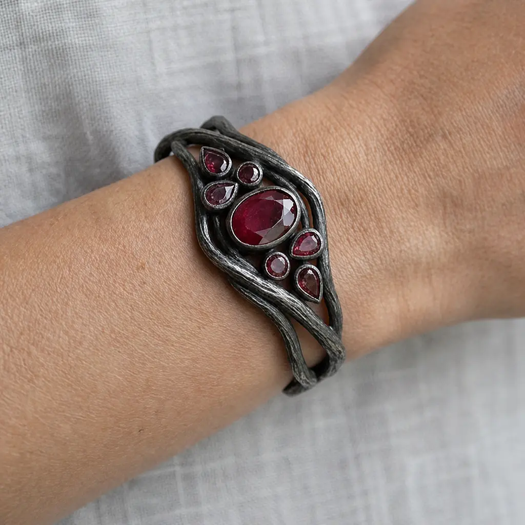 Black silver garnet cuff bracelet worn on a woman's wrist against a grey linen background