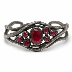 Natural Garnet Open Cuff Bracelet in Oxidized Sterling Silver with Twisted Branches – Cherry Bough
