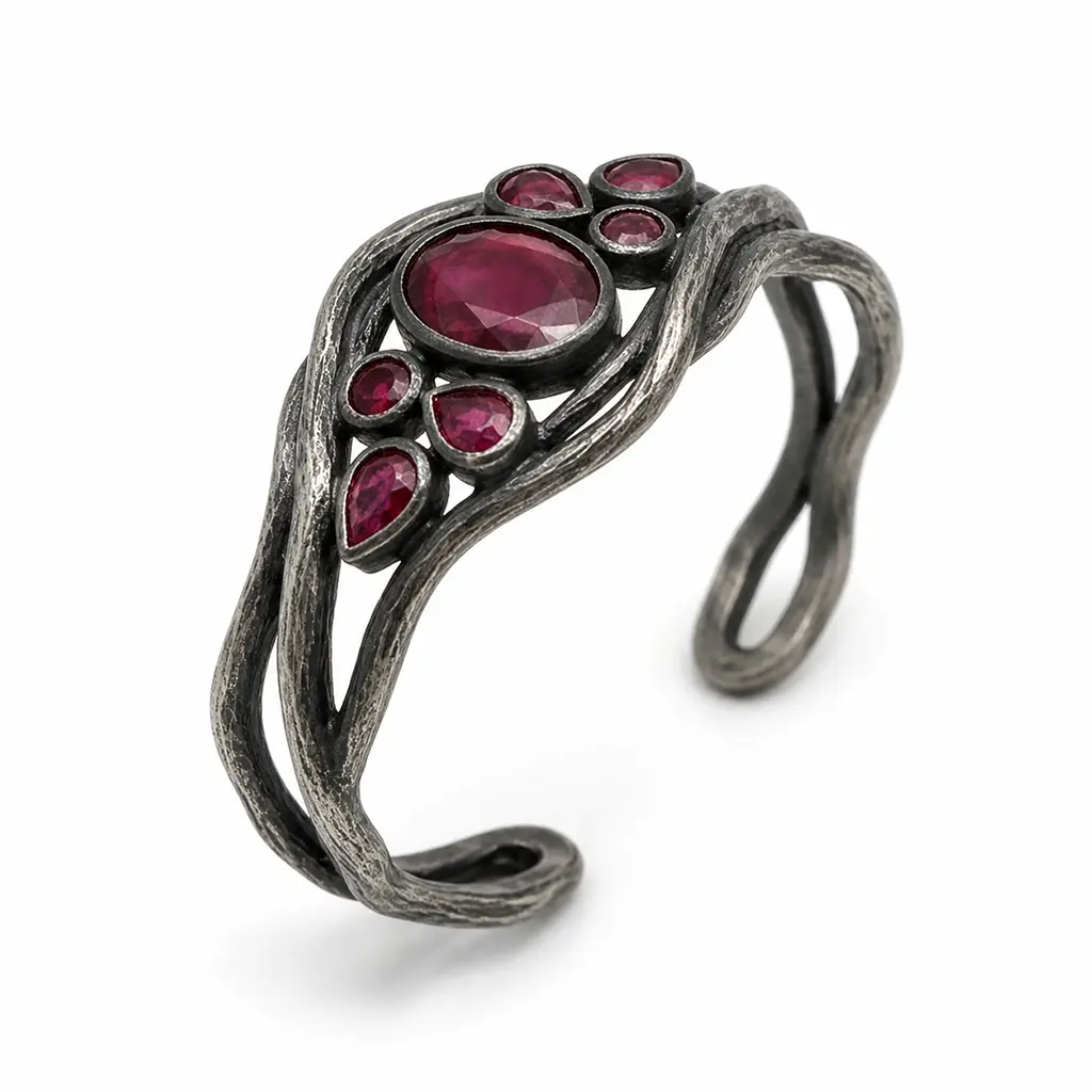 Garnet cuff bracelet at an angle, showing the open looped ends and the twisted bark-textured silver branches