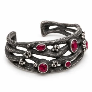 Wide Black Sterling Silver Cuff Bracelet with Natural Garnets and Granulation – Rowan Thicket