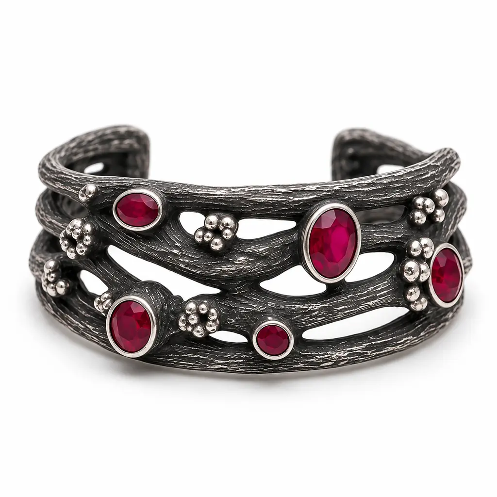 Front view of the cuff: bark-textured silver branches with oval and round garnets and clusters of tiny silver balls
