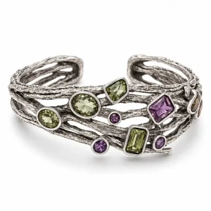 Sterling Silver Cuff Bracelet for Women with Zultanite and Amethyst, Bark-Textured Branches – Evening Grove