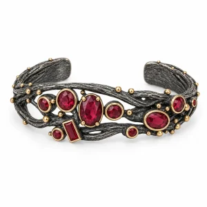 Natural Garnet Two-Tone Sterling Silver Cuff Bracelet, Black Branches with Gold Plated Beads – Blackthorn