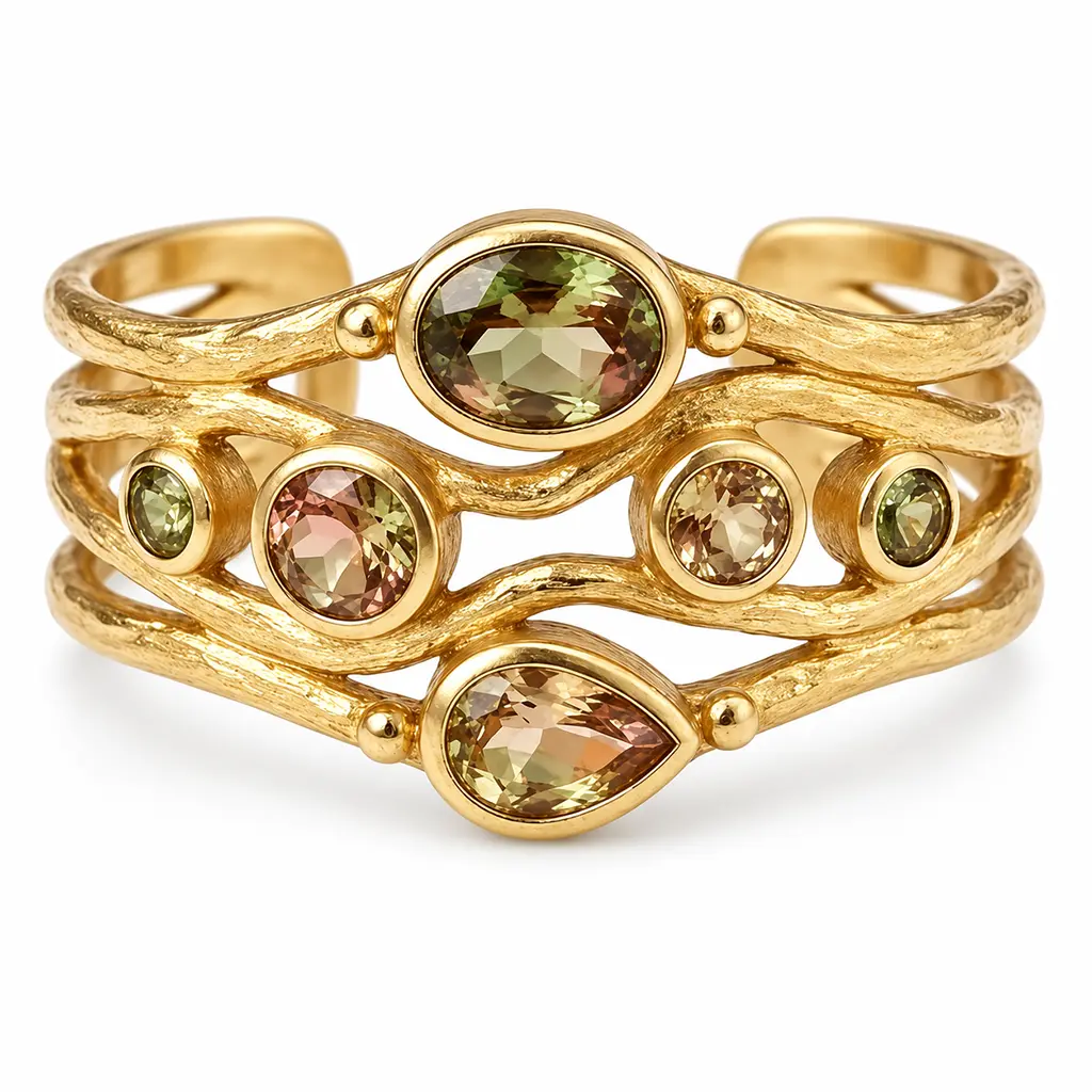 Front of the gold cuff: lab-grown zultanite oval, pear and round stones between small gold beads