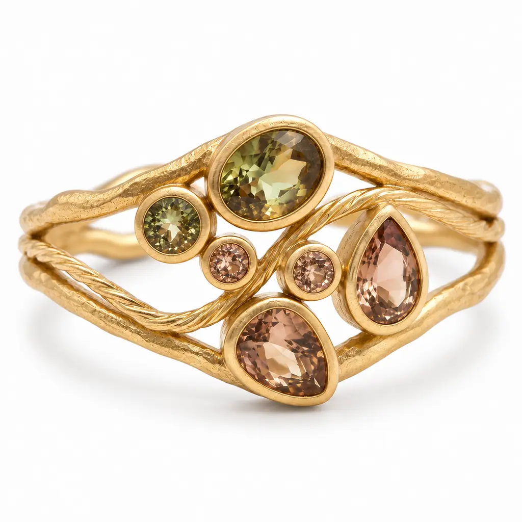 Close view of the gold gemstone bracelet: twisted rope wire between green and pink lab-grown zultanite, daylight