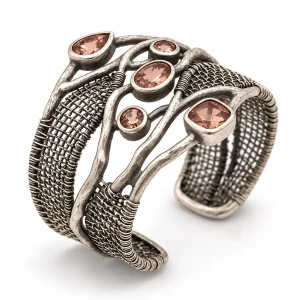 Sterling Silver Cuff Bracelet with Zultanite and Hand-Woven Wire Mesh – Silver Loom