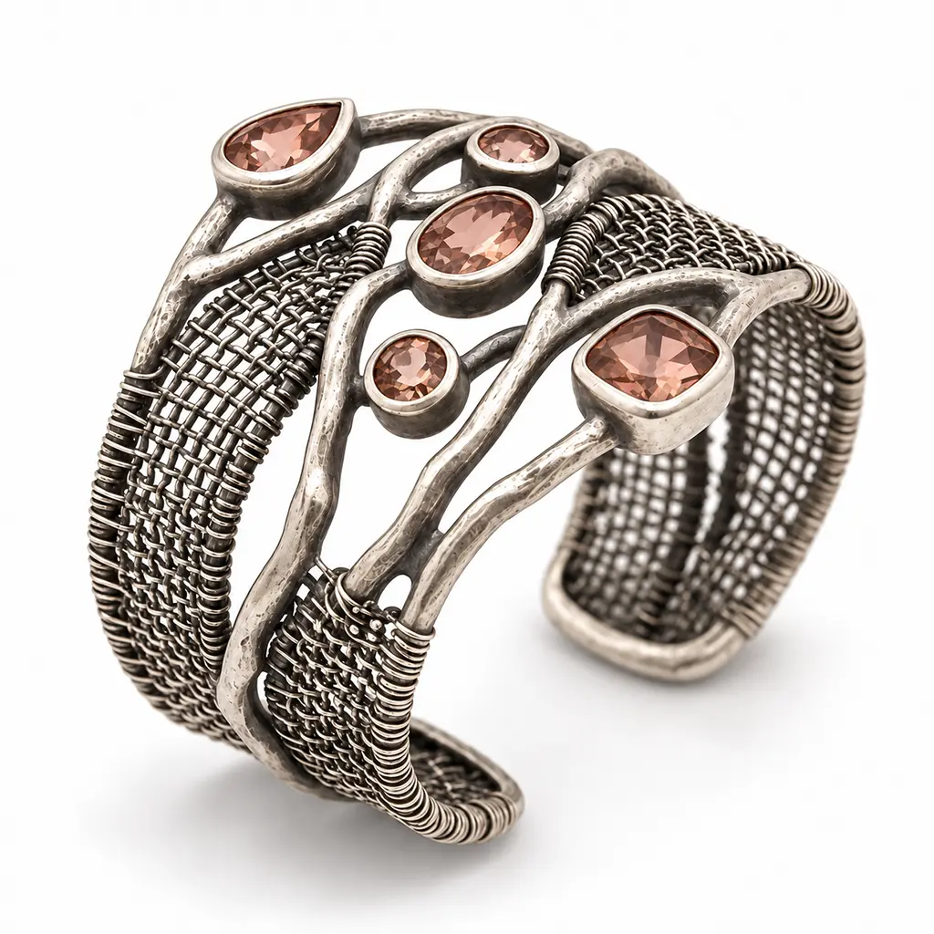 Wide sterling silver cuff with woven wire mesh and lab-grown zultanite, rosy peach in warm lamp light, angled view