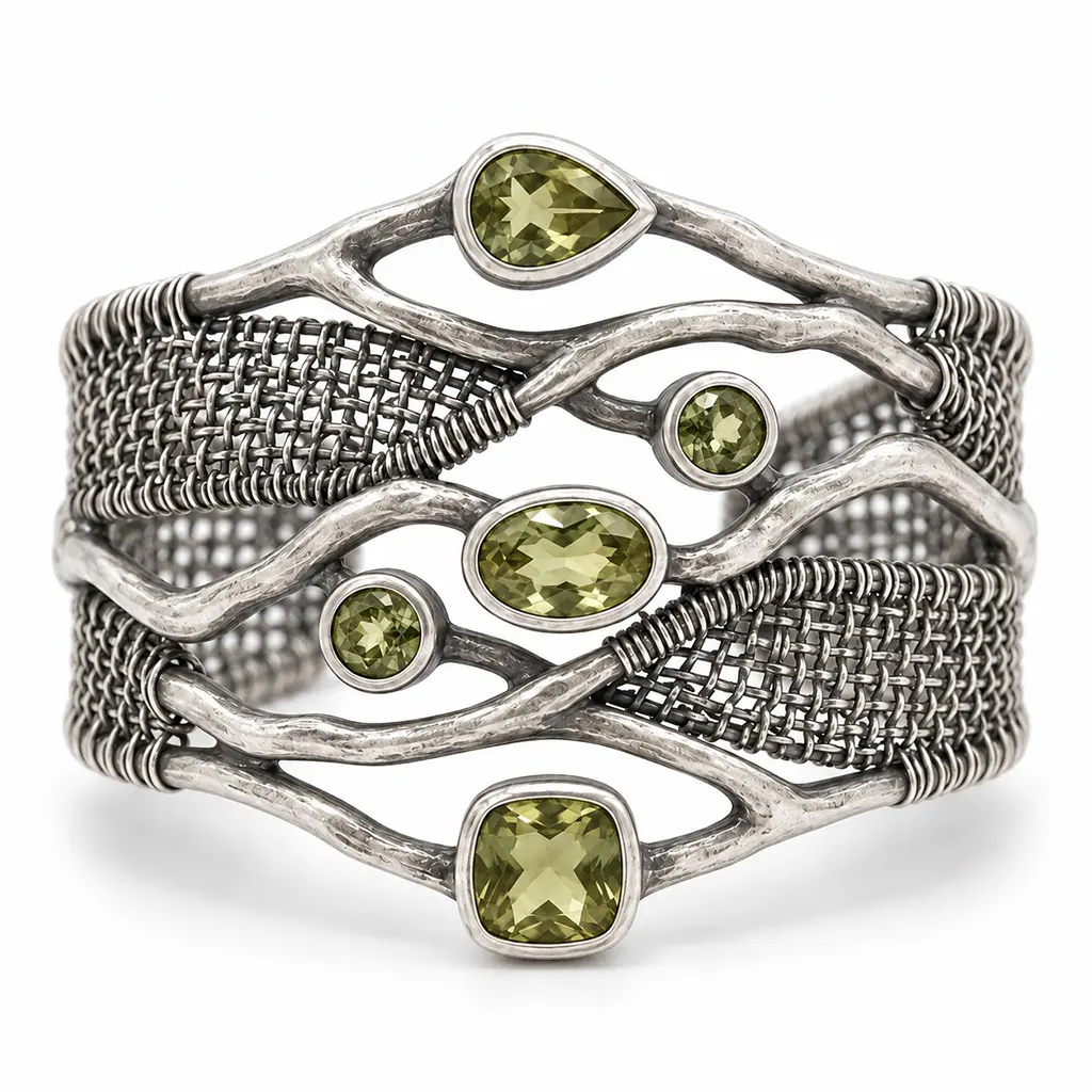 Front view of a silver cuff bracelet with woven mesh between winding rods, lab-grown zultanite olive green in daylight
