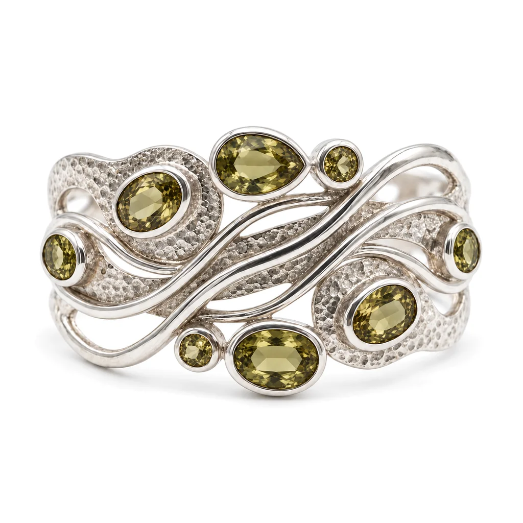 Front view of the silver wave cuff bracelet with lab-grown zultanite showing olive green in daylight