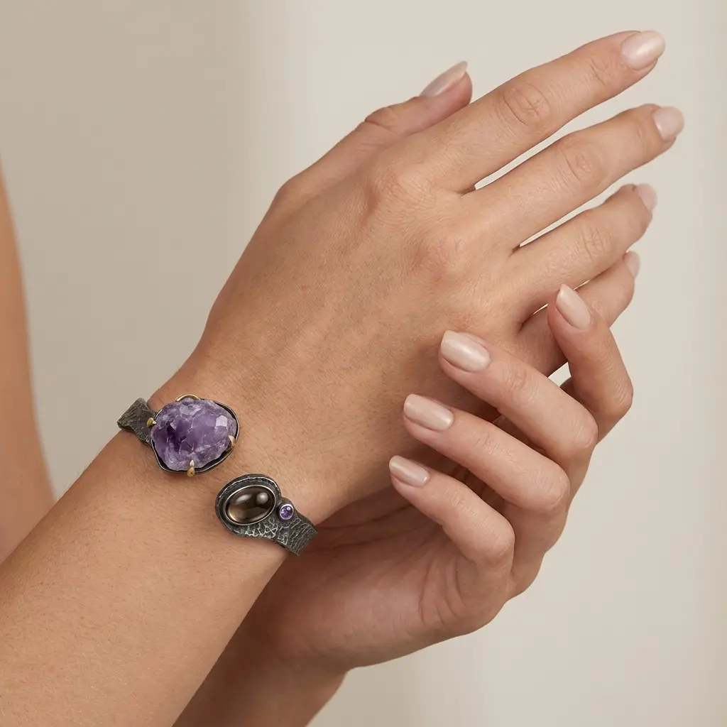 Raw amethyst crystal on a black sterling silver cuff bracelet, worn on a woman's wrist with hands folded