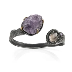 Raw Amethyst Open Cuff Bracelet in Black Rhodium Sterling Silver with Quartz Cabochon – Plum Crossing