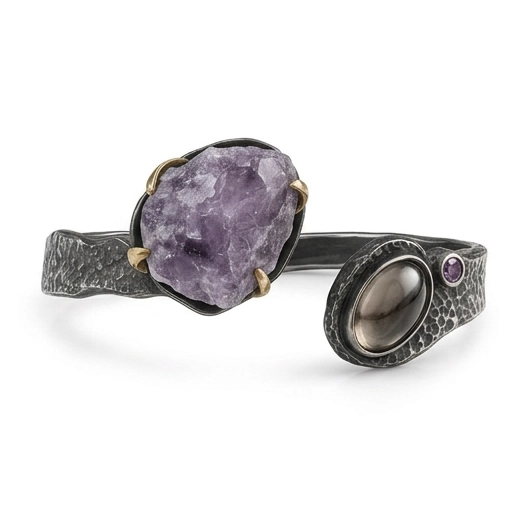 Close-up of the raw amethyst in gold-tone prongs and the quartz cabochon with a small faceted amethyst