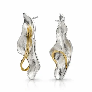 Mismatched Leaf Statement Drop Earrings in Sterling Silver with Gold Plated Curl – Gilded Fold