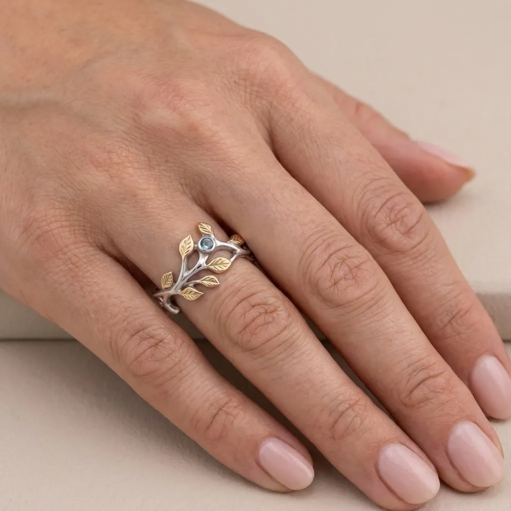 Silver Leaf Ring, worn on hand
